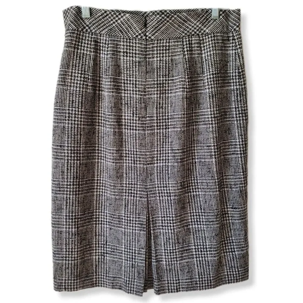 VTG 90s Gray Wool Tweed Houndstooth Pencil Skirt L 12 Retro Classic Old Money